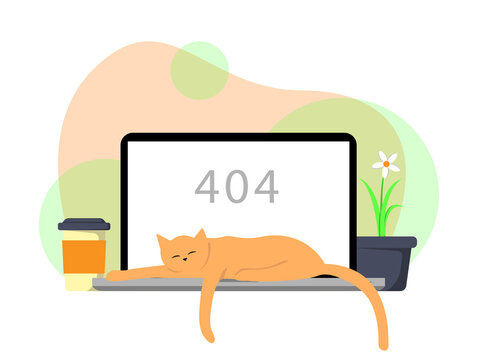 Cat Sleep On The Laptop Keyboard, Take A Break, 404 Page Concept Illustration Flat Design Vector