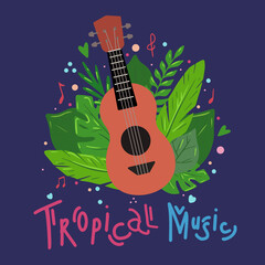 Tropical music. Cartoon ukulele with tropical exotic leaves and musical notes isolated on dark blue background. Hawaiian string instrument. Vector flat postcard for posters, banner and your creativity