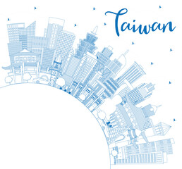 Outline Taiwan City Skyline with Blue Buildings and Copy Space.