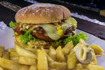 burger with fries