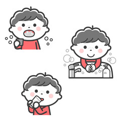 感染症予防／うがい、手洗い、水分補給をする男の子／2色