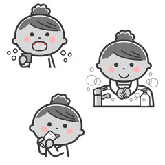 感染症予防／うがい、手洗い、水分補給をする女の子／2色