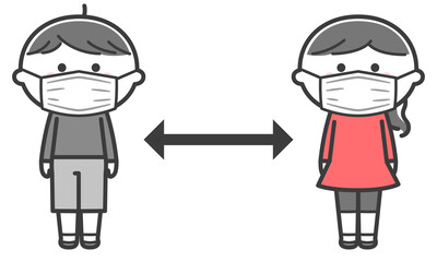 距離を取るマスクをつけた子どもたち／2色