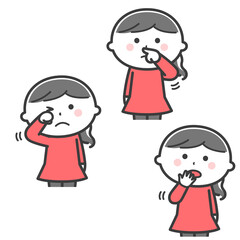 感染リスク／顔（目、鼻、口）を手で触る女の子／2色