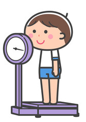 身体計測／体重計の上に乗る男の子／線あり