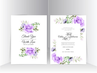 wedding invitation template with beautiful purple rose illustration
