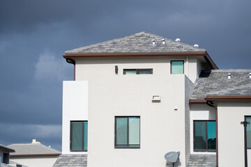 Residential townhome buildings with windows