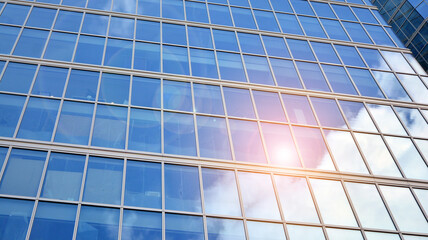 Blue curtain wall made of toned glass and steel constructions under blue sky. A fragment of a building. Glass facades on a bright sunny day with sunbeams in the blue sky.