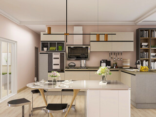 The modern clean kitchen has clean kitchen utensils and countertops