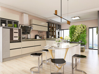 The modern clean kitchen has clean kitchen utensils and countertops
