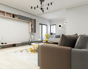 There are cloth sofa and table in the clean living room