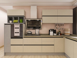 The modern clean kitchen has clean kitchen utensils and countertops