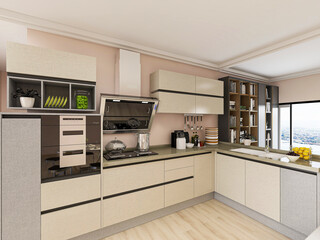 The modern clean kitchen has clean kitchen utensils and countertops