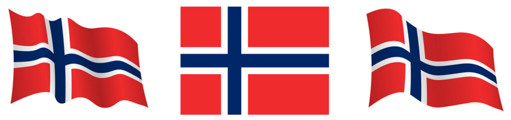 norway flag in static position and in motion, developing in wind in exact colors and sizes, on white background - obrazy, fototapety, plakaty