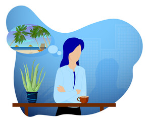 young girl with mug of cocoa at table recalls her summer sea vacation. Memories of summer vacations. Depressed autumn mood, depression. Vector