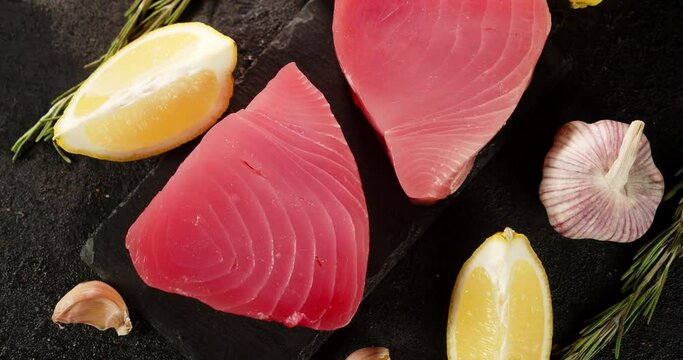 Tuna raw steaks on a stone board with garlic and lemon rotate. 