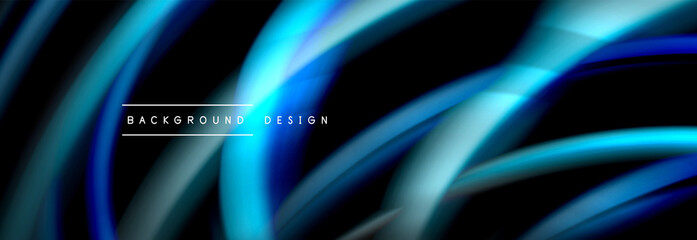 Dynamic motion abstract background. Color blurred stripes on black. Wave liquid lines poster. Vector illustration