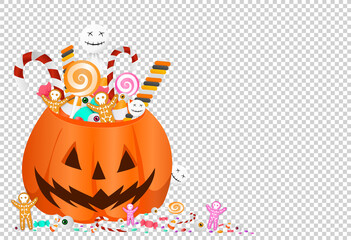 Halloween party  background with  pumpkin basket full of candies, sweets,cookies,eyes isolated  on png or transparent  background, space for adding text , banner, website, billboard, advertise ,vector