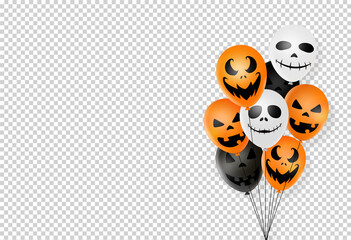 Fototapeta premium Halloween party background with scary black, white, orange air balloons isolated on png or transparent , space for adding text , sale banner template billboard, poster, vector illustration