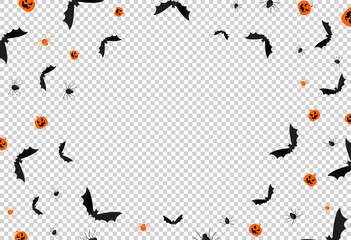 Halloween background full of bat, spider, pumpkin isolated  on png or transparent  background, space for  add text ,banner template, poster,vector illustration