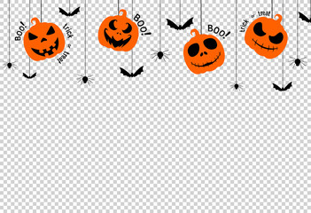 Halloween party  background with scary pumpkin face , bats, spiders, boo, trick or treat,  hanging from top on white backgroundspace for text,  isolated  on png or transparent  background, vector