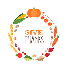 Harvest background. Autumn circle frame with vegetables, berries and autumn leaves. Can be used for autumn holiday invitation, greeting card or flyer. Vector 8 EPS.