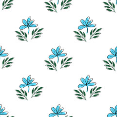 Vector seamless pattern with floral, repeating element. Pattern with a blue flower on a white background. Use in textiles, clothing, wallpaper, design, baby backgrounds, wrapping paper.