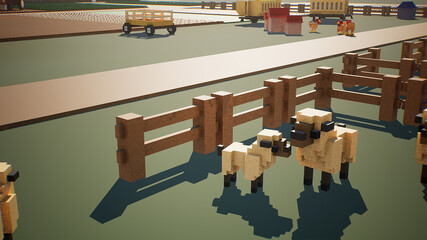 Cute sheep on the low poly farm in voxel © Ioan