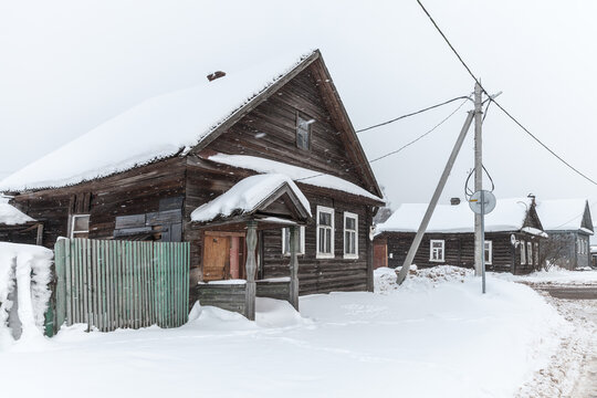 Traditional old wooden houses. Russian town street