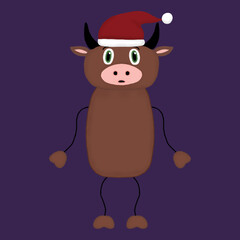 isolated New Year surprised bull with Santa hat on a purple background