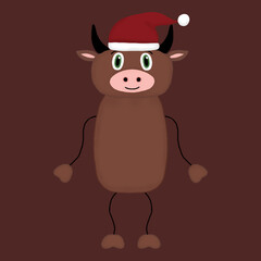 isolated New Year smiling bull with Santa hat on a brown background