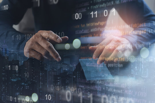 Digital software development and internet technology with binary computer code and javascript on virtual screen