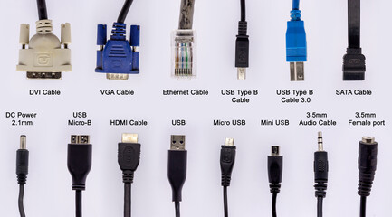 computer cables with different connectors for network and data connection isolated on white...