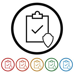 Insurance policy concept, check board and shield ring icon, color set