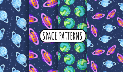 Set of cosmos seamless space pattern background with planets with rings. Collection of solar system planets children wallpaper texture tiles. Vector stock image © Olga