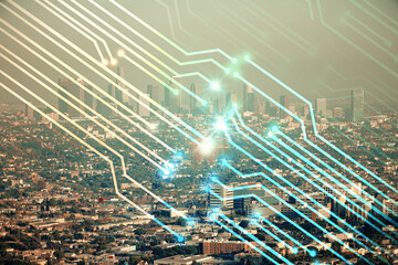 Data theme hologram drawing on city view with skyscrapers background double exposure. Technology concept.