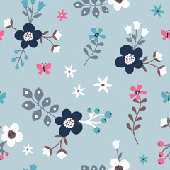 Seamless repeated surface vector pattern design with navy, blue and white flowers, brown and gray leaves and pink butterflies on a light blue background