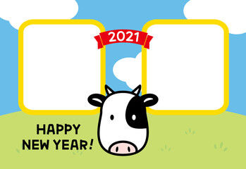 2021年丑年年賀状ハガキ／かわいいフォトフレームデザイン／2人用