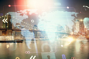 Map and data theme hologram on city view with skyscrapers background double exposure. International technology in business concept.