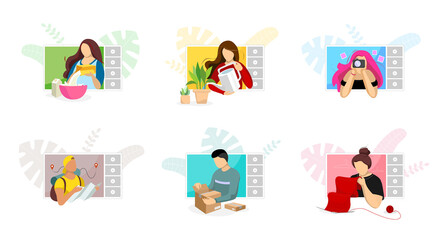 Bloggers making food and beauty lifestyle video content on screen. Social media unpacking and travel influencer vloggers channel set. Online education and fashion streaming tutorials and review vector