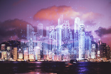 Double exposure of buildings hologram over cityscape background. Concept of smart city.