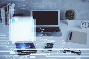 Multi exposure of table with computer on background and data theme drawing. Concept of innovation.