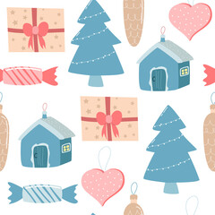 Fototapeta na wymiar seamless pattern with Christmas decorations, vector illustration.