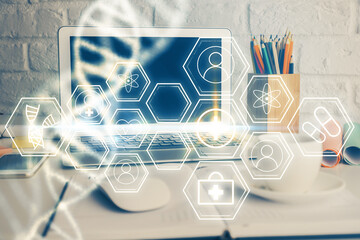 Desktop computer background and DNA drawing. Double exposure. Science concept.