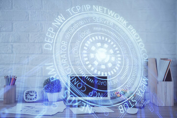 Multi exposure of desktop with personal computer and tech theme drawing. Concept of Bigdata.
