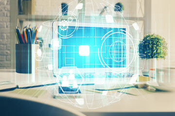 Computer on desktop with social network hologram. Multi exposure. Concept of international people...
