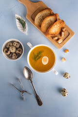 Bouillon, toasted bread, croutons, eggs and herb