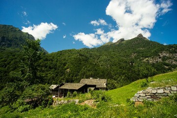 Fototapeta na wymiar high mountain house built in stone immersed in the panorama of a mountain meadow on the Italian Alps