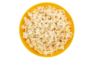 Yellow bowl with popcorn isolated on white.