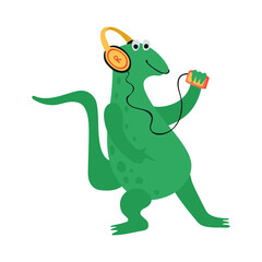 Funny dinosaur listens to music with headphones in cartoon style isolated on a white background. Bright cute animal characters for kids. Vector illustration